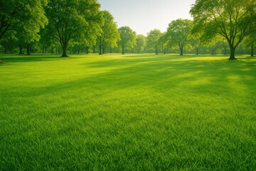 Lush verdant field with perfectly maintained turf in a peaceful outdoor setting, ideal for relaxation during spring mornings