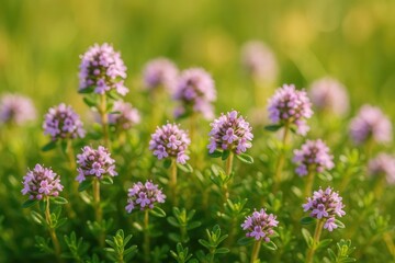 The Thymus serpyllum plant, also called Breckland thyme or wild creeping thyme, belongs to the mint family.
