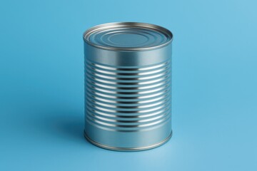 Metal container filled with food against a blue backdrop