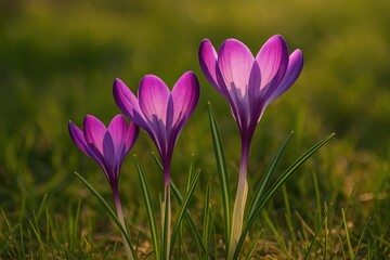 Backlit scene featuring three purple spring Crocuses