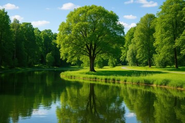 The reflection of a tree on a pond's surface in a park setting