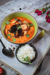 different soup with meat and seafood