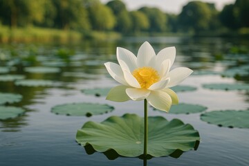 A pristine white lotus drifts across a tranquil pond surface