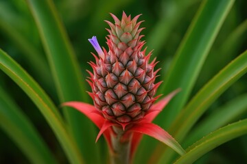 Close-up of a pineapple's bud featuring its delicate flower