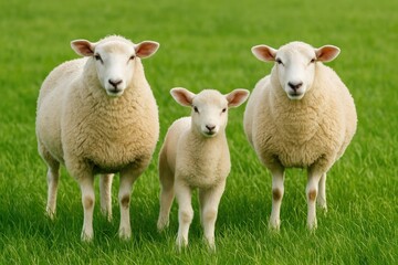 Fototapeta premium Three sheep grazing on lush grassland