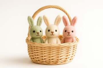 Three Small Felted Bunnies Concealed in a Light-Colored Basket