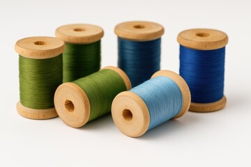 White background thread for sewing on wooden spools with needlework details