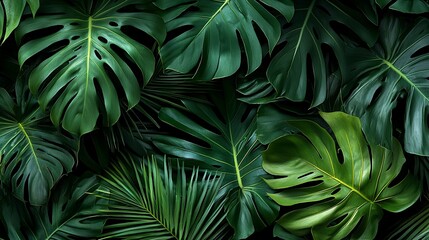 Fototapeta premium Lush tropical foliage; monstera and palm leaves create a vibrant green pattern