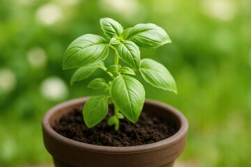 Fresh young basil seedling in a pot, detailed view