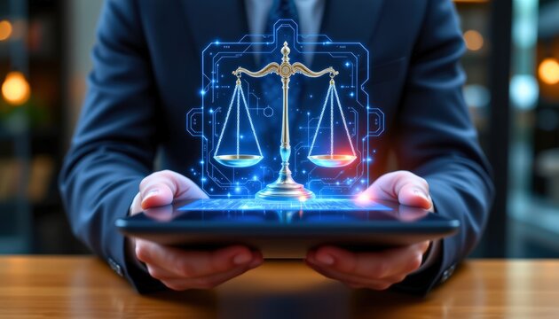 a futuristic digital concept image of a holographic justice scale floating above a sleek black table