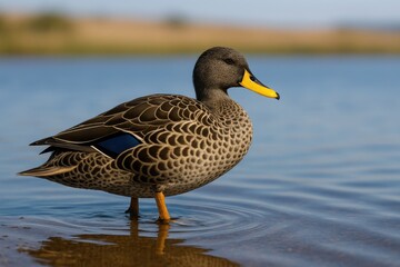 Fototapeta premium A yellow-billed duck wading in the shallow waters near a bridge at a nature reserve