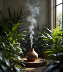 Aromatherapy Harmony: Serene interior scene with a stylish diffuser, releasing fragrant vapor amidst lush greenery. Capturing the essence of wellness, relaxation and the calming energy.