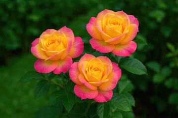 Blended yellow and pink roses for a vibrant floral display