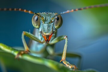 Fototapeta premium Extreme close up of a praying mantis showcasing its vibrant colors and intricate details, perched on a green leaf