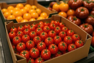 Vibrant fresh cherry tomatoes arranged in a box on a grocery store shelf, highlighting organic and healthy produce with yellow tomatoes and mikado in the blurred background.