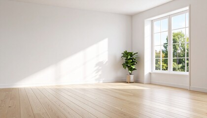 Interior view of a bright, empty room with natural light and a potted plant.