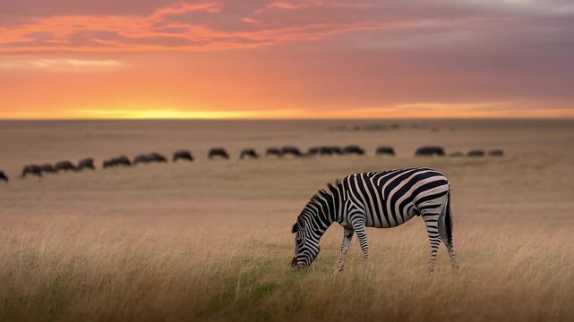 Zebra grazing in african savanna at sunset wildlife footage