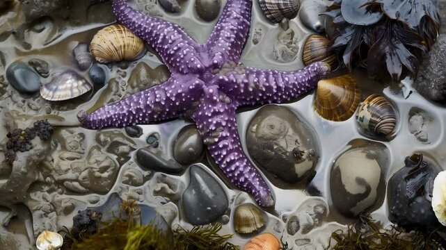 Purple starfish among a variety of sea shells and rocks. Perfect for nautical themes and nature studies.
