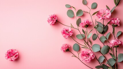 Fototapeta premium Pink flowers and eucalyptus on pink background