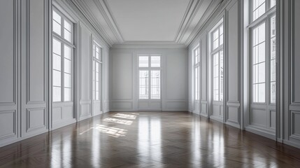 Fototapeta premium Sunlit, elegant empty room with hardwood floors, tall windows, and white walls