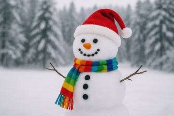 Fototapeta premium Vibrant snow figure wearing a red holiday hat amidst a snowy forest scene on the street