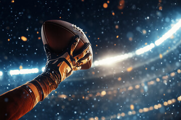 Dramatic mid flight throw of a football by a player with a strong grip and intense focus under stadium lights during a competitive match