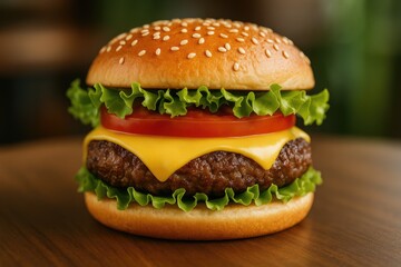 Close-up of a cheeseburger featuring a salad patty and sesame seed bun