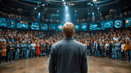 Young Entrepreneur Delivering Presentation to Investors in Dark Auditorium with Spotlight, Glowing Pitch Deck, Dramatic Lighting, and Modern Techwear Style