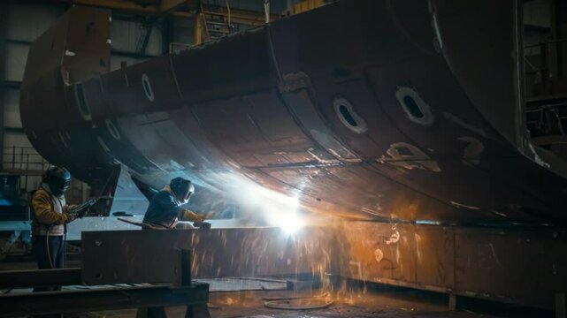 Sparks fly Ship construction with welders in action