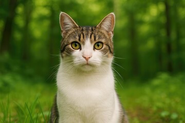Detailed shot of a feline amidst woodland greenery