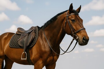 Obraz premium A horse with a shiny saddle silhouetted against the sky, highlighting equestrian pursuits and outdoor riding equipment.