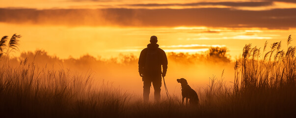 Hunting silhouette at sunrise with loyal dog companion in tranquil misty field