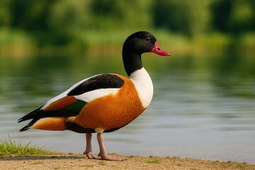 Obraz premium A stunning shelduck resting on the ground just before taking flight