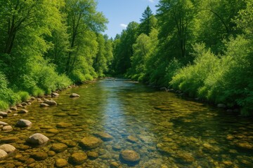 Fototapeta premium A gentle stream flowing through a wooded landscape with trees and shrubs