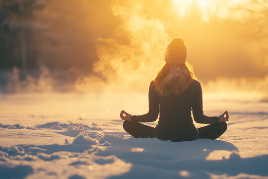 Practicing yoga in a snowy landscape at sunrise while gently breathing into the cold air