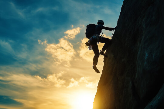 Rock climber ascends a rugged cliff at sunset under a vibrant sky