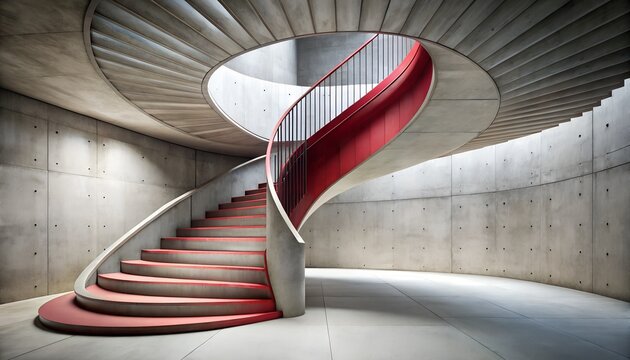 Photo of a striking modern spiral staircase with a bold red railing ascends through a concrete architectural space