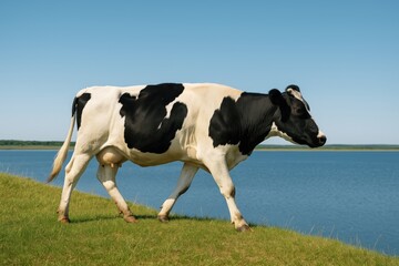 A monochrome bovine strolls calmly across a lush hillside beside a tranquil lake under a bright sky