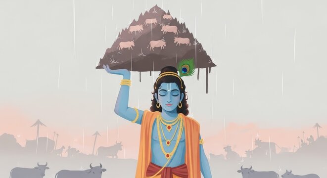 Ai generated image of krishna lifts govardhan mountain to protect the cows