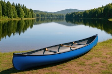 Fototapeta premium A blue kayak is positioned beside a tranquil lake.