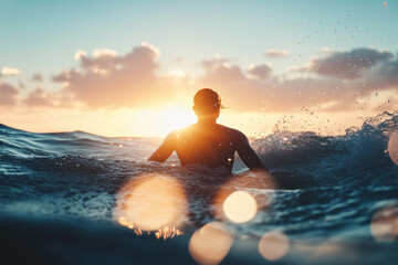 Surfer paddles into the horizon under a glowing sky at sunset over the ocean waves