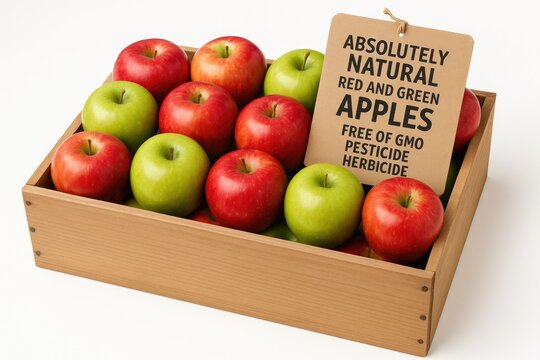 Fresh organic red and green apples with no GMO, pesticides, or herbicides, displayed with price tag on a white background