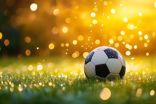 Soccer ball slowly rolls across wet grass illuminated by golden sunlight during a peaceful outdoor moment
