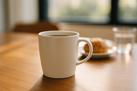 A ceramic cup resting on a desk during the daytime