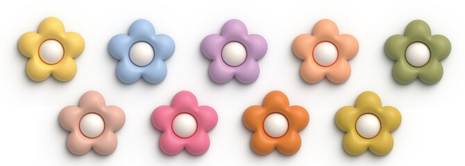 Set of cute kawaii 3D render flower. Plasticine 3d illustration, cartoon style, for kids room, wall art, stationery. Simple stylized flowers. Trendy balloon stickers.
