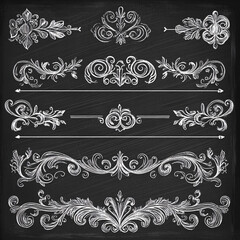 Vintage chalkboard decorative floral dividers and ornate hand-drawn flourishes in baroque and Victorian style
