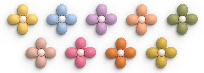 Kwaii 3D render flower. Plasticine 3d illustration, cartoon style, for kids room, wall art, stationery. Simple stylized flowers. Trendy balloon stickers.