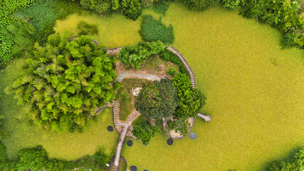 Aerial View of a Lush Green Park with Winding Paths and Dense Vegetation
