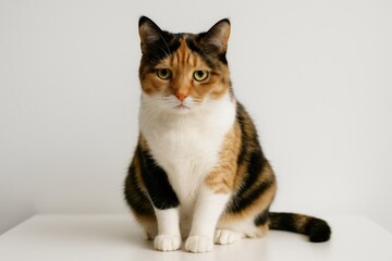 A multicolored feline rests on a bright table against a plain white background.