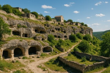 Historical Cave Settlements of the Crimean Tatar Region Featuring Limestone Structures and Scenic Views